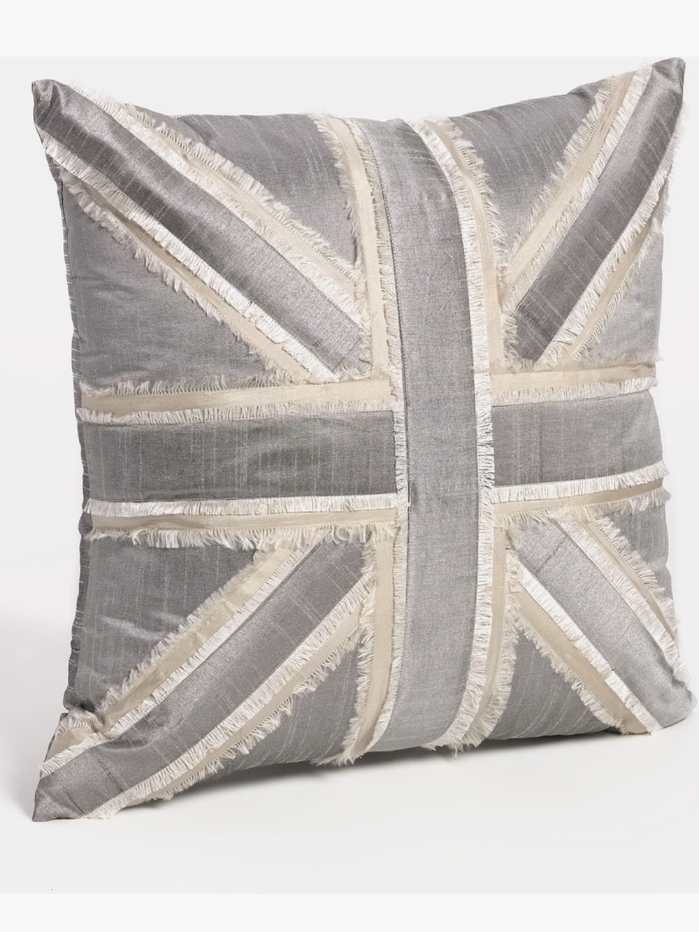 Neutral Gray Fringe Union Jack Decorative Throw Pillow